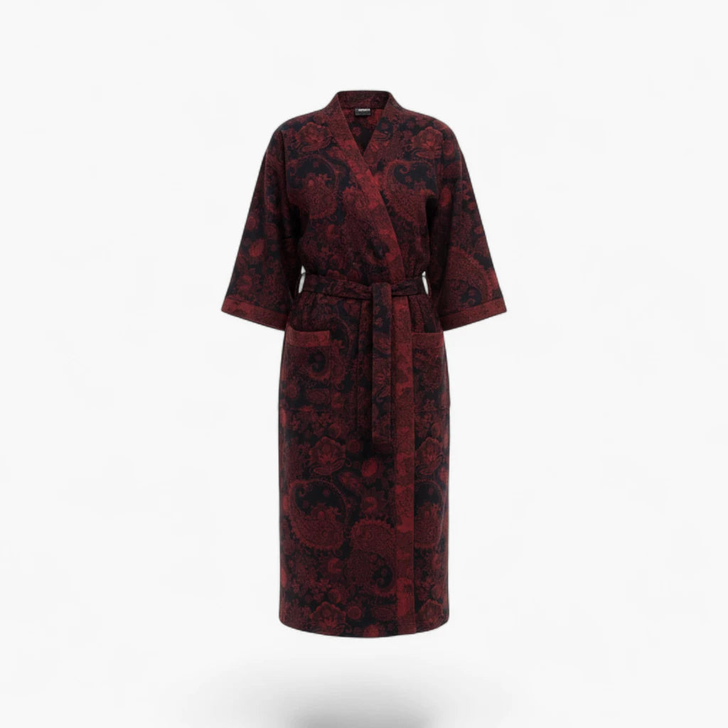 Peignoir Femme Coton – Style Japonais Noir à Motifs Rouges Paisley