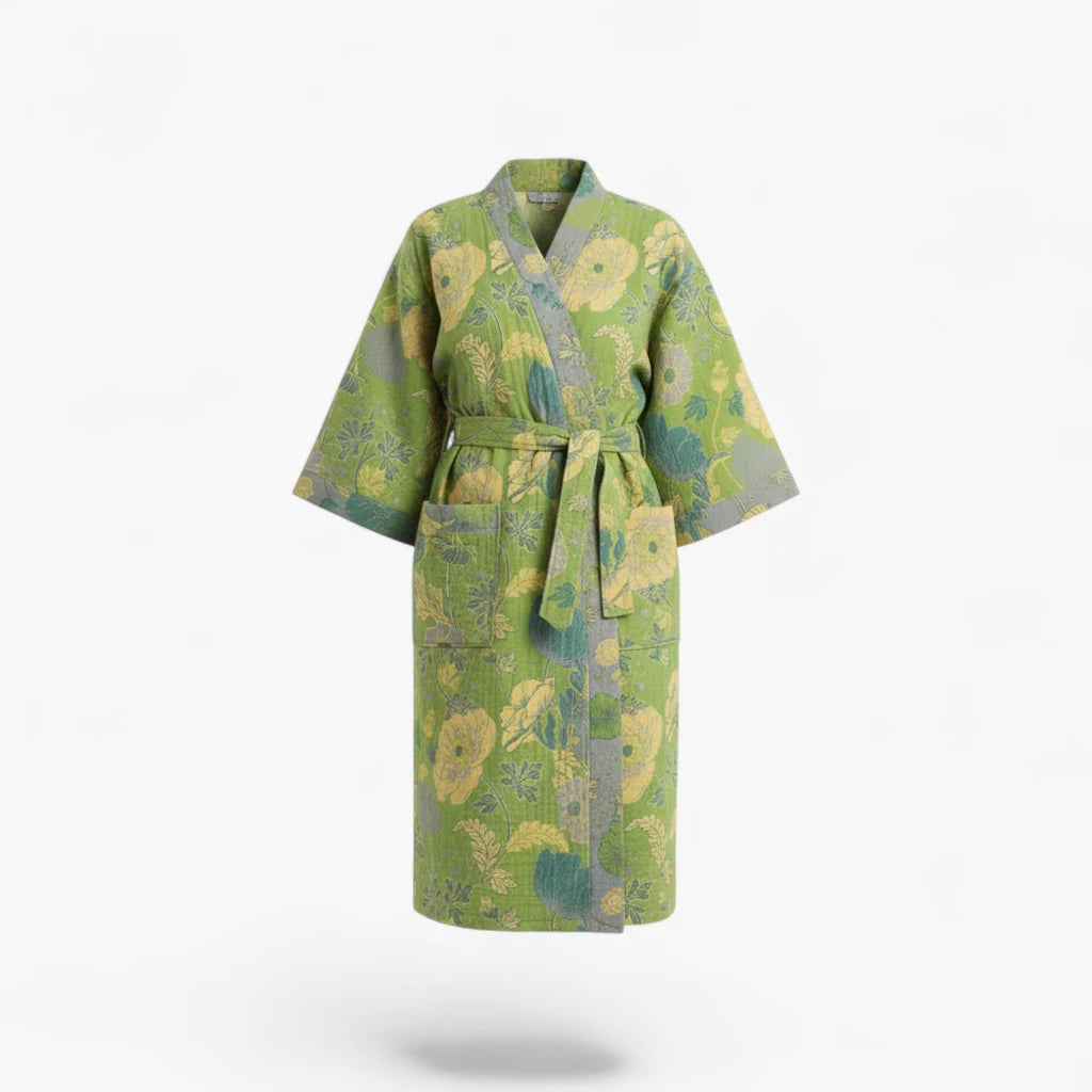 Peignoir Femme Coton – Style Japonais Vert à Fleurs Jaunes