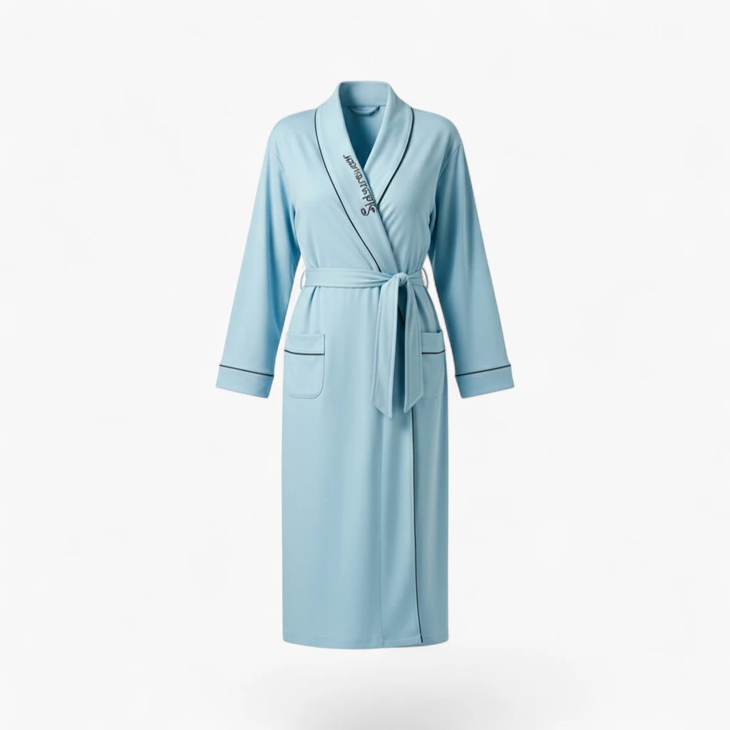 Peignoir Femme Coton – Long Bleu Clair à Col Châle