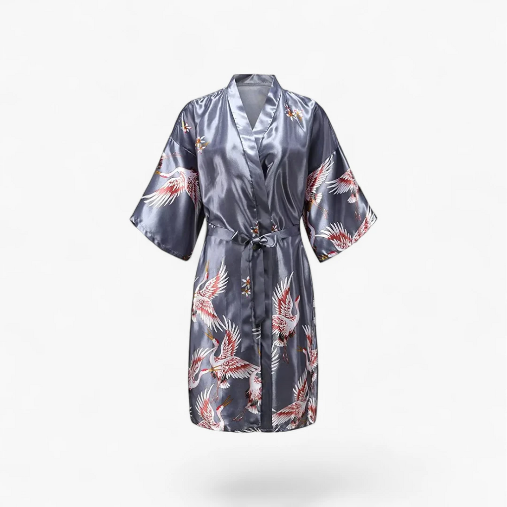 Peignoir Femme Satin – Motif Grues Japonaises Argenté