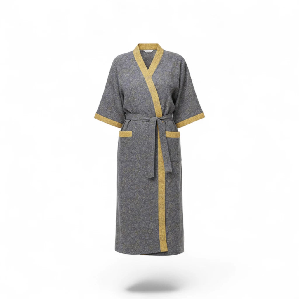 Peignoir Femme Coton – Style Japonais Gris à Bordures Vertes