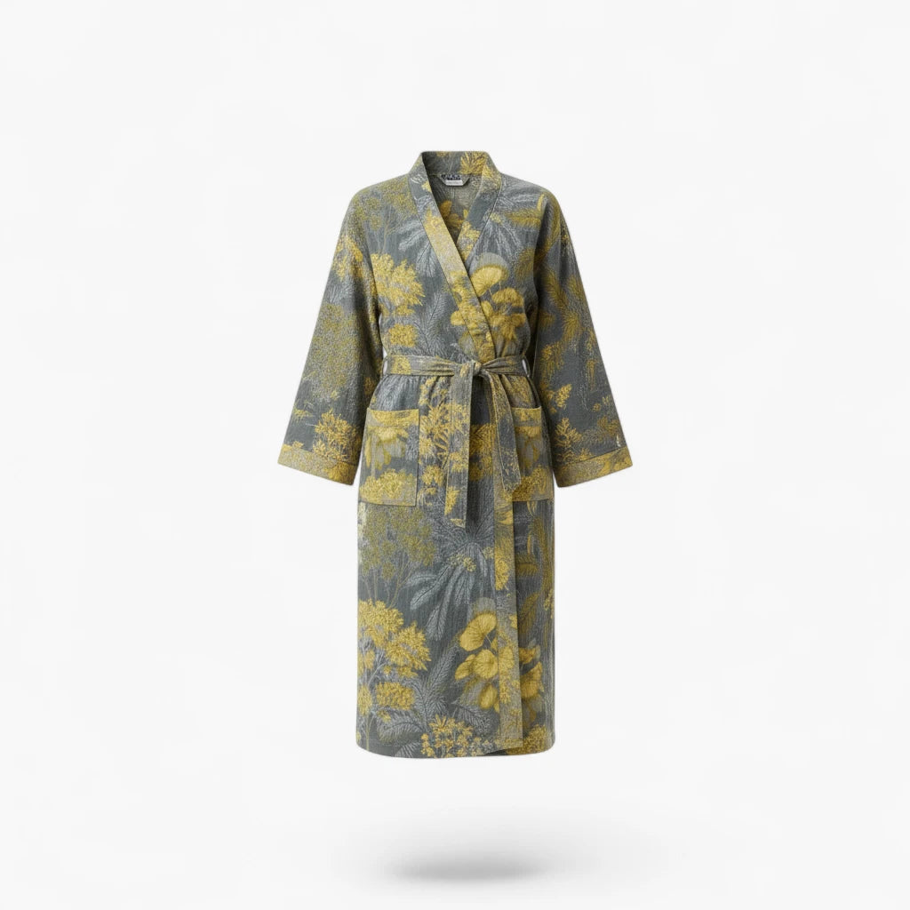 Peignoir Femme Coton – Style Japonais Gris à Motifs Floraux Jaunes