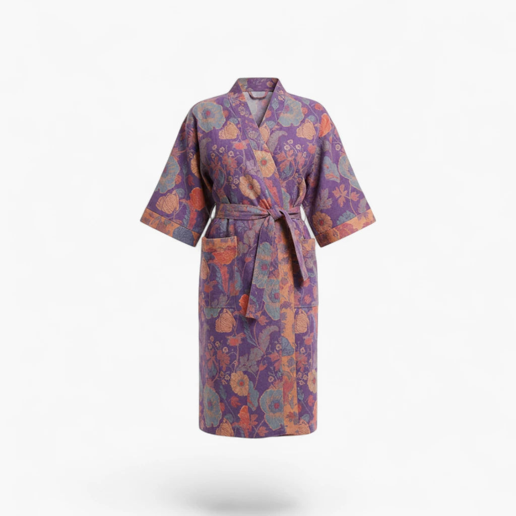 Peignoir Femme Coton – Style Japonais Violet à Fleurs Oranges