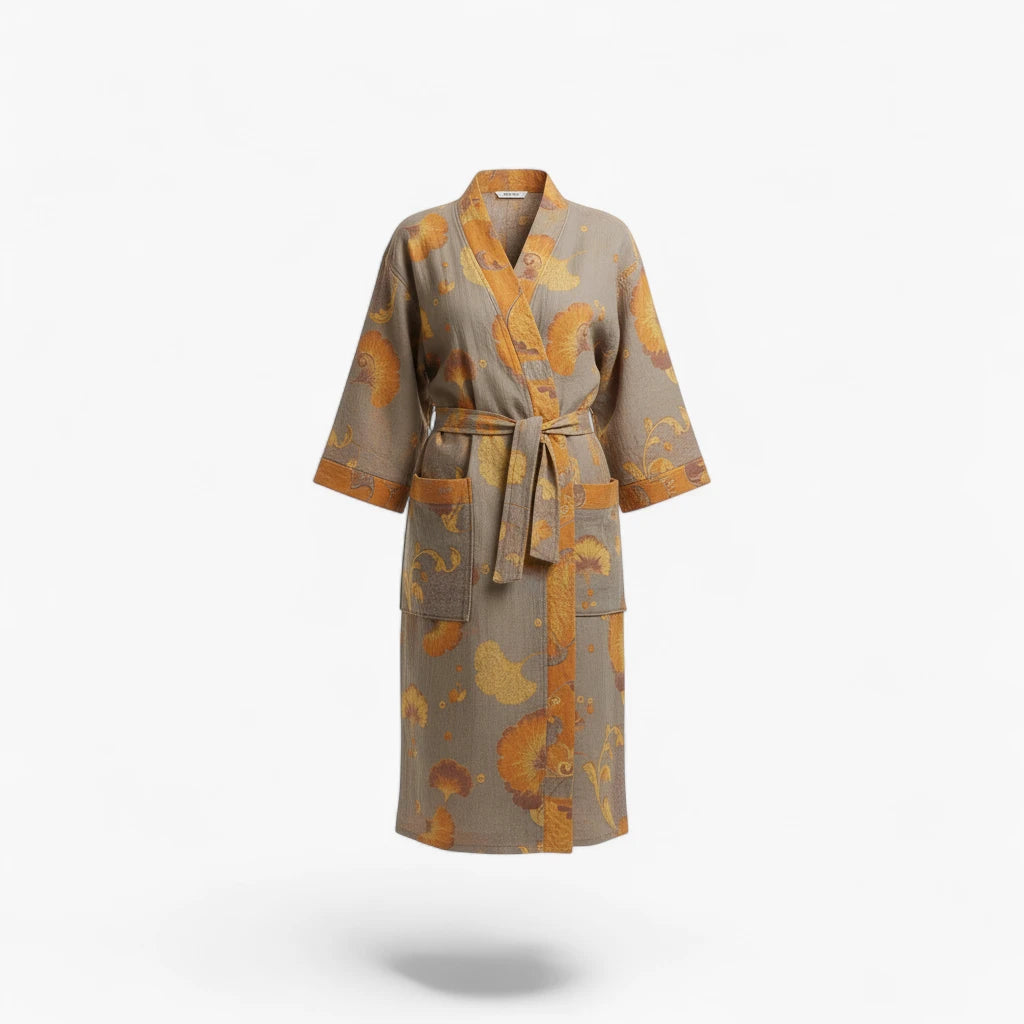 Peignoir Femme Coton – Style Japonais Beige à Fleurs Jaunes