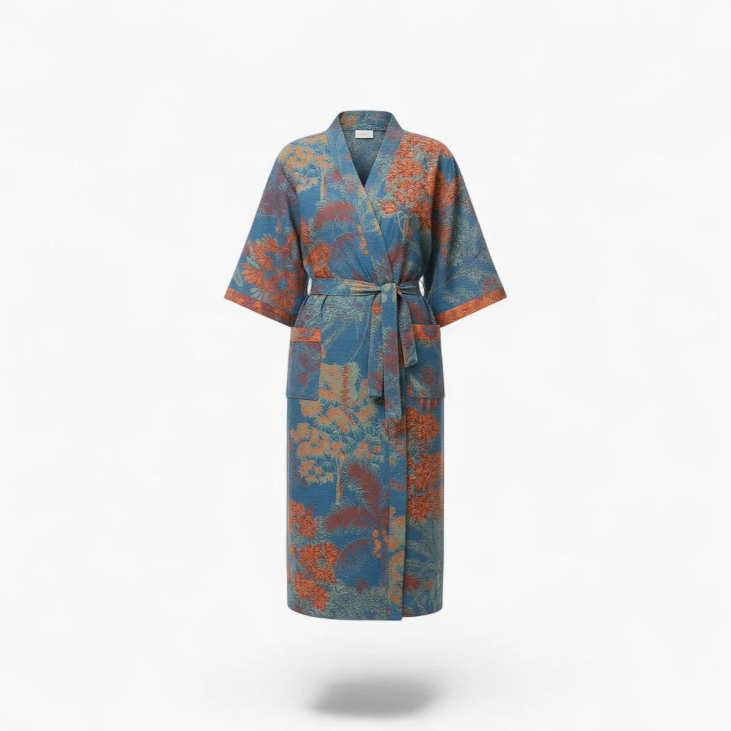 Peignoir Femme Coton – Style Japonais Bleu à Motifs Floraux Rouille