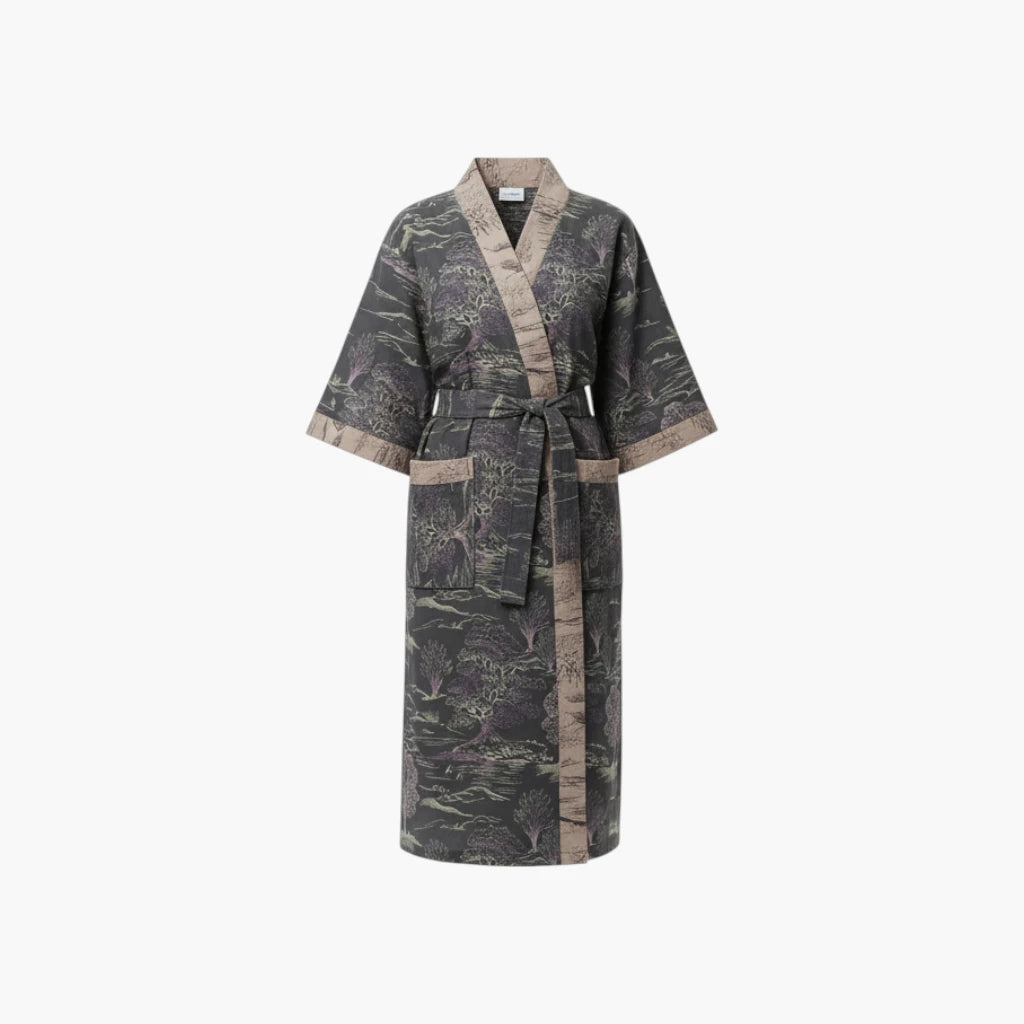 Peignoir Femme Coton – Style Japonais Noir à Motifs Paysagers