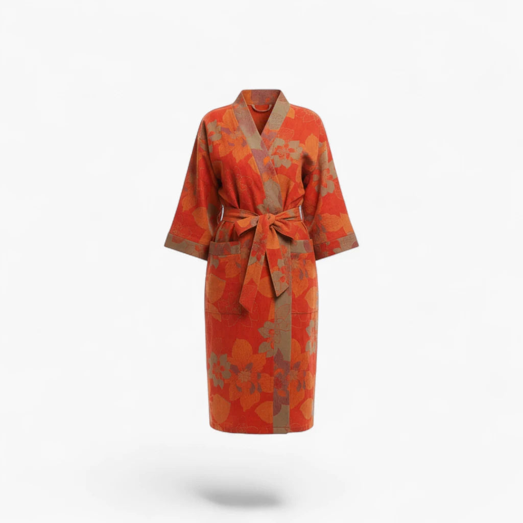 Peignoir Femme Coton – Style Japonais Rouge à Fleurs d’Hibiscus