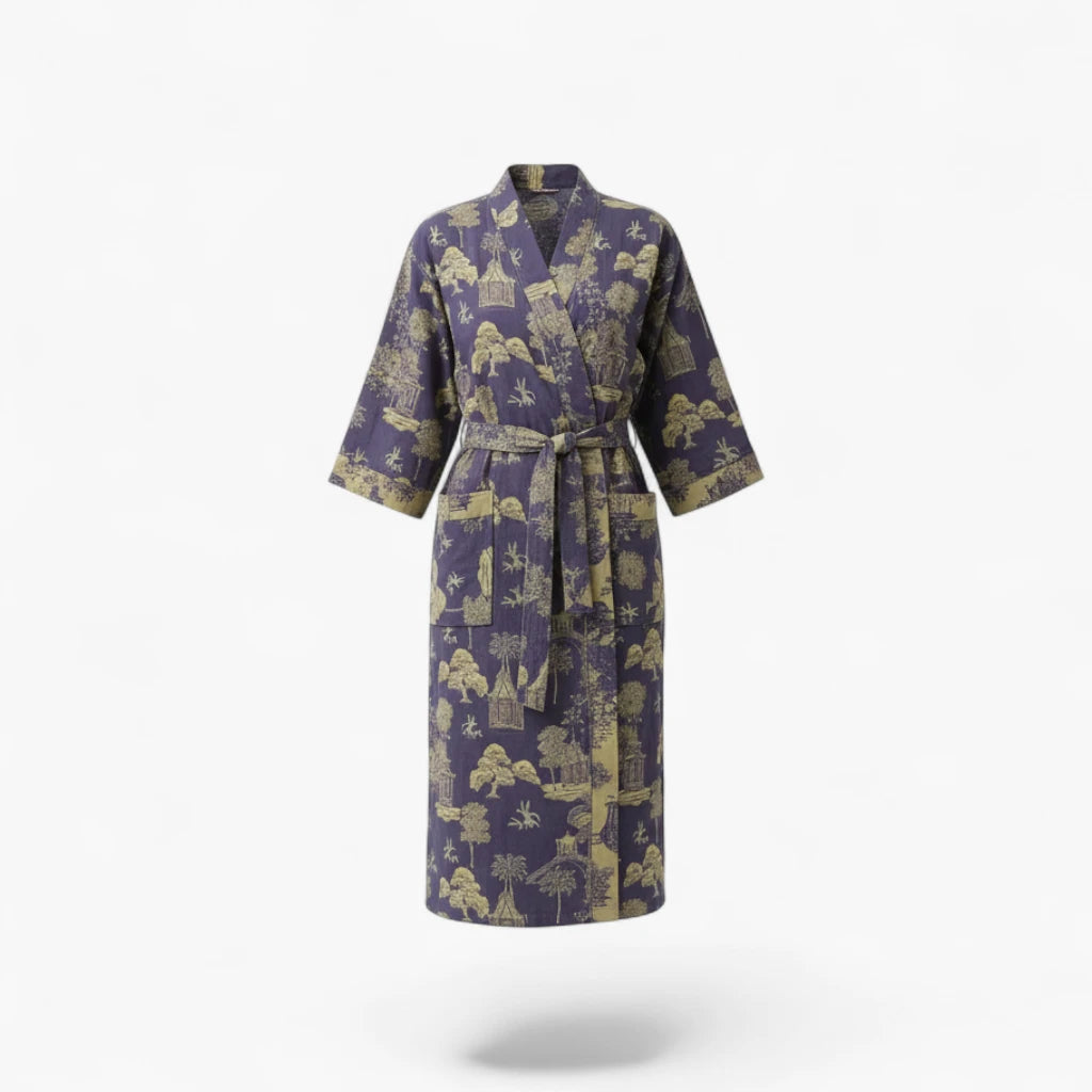 Peignoir Femme Coton – Style Japonais Violet à Motifs Verts
