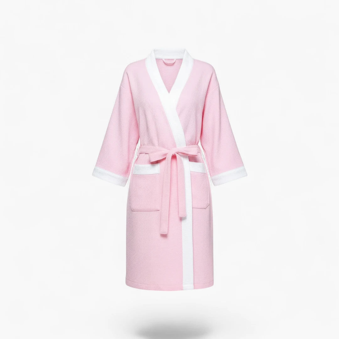 Peignoir Femme – Waffle Rose à Bordures Blanches Courtes Manches