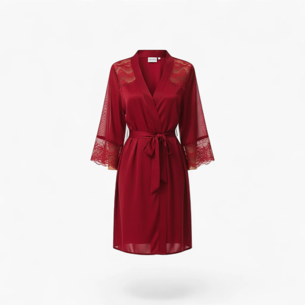 Peignoir Femme Satin – Rouge à Dentelle Élégante et Ceinture Taille