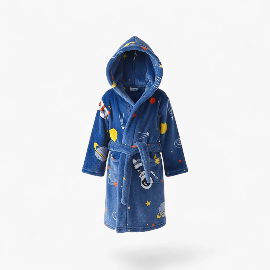 Peignoir Enfant à Capuche – En Flanelle Douce Motif Espace Bleu