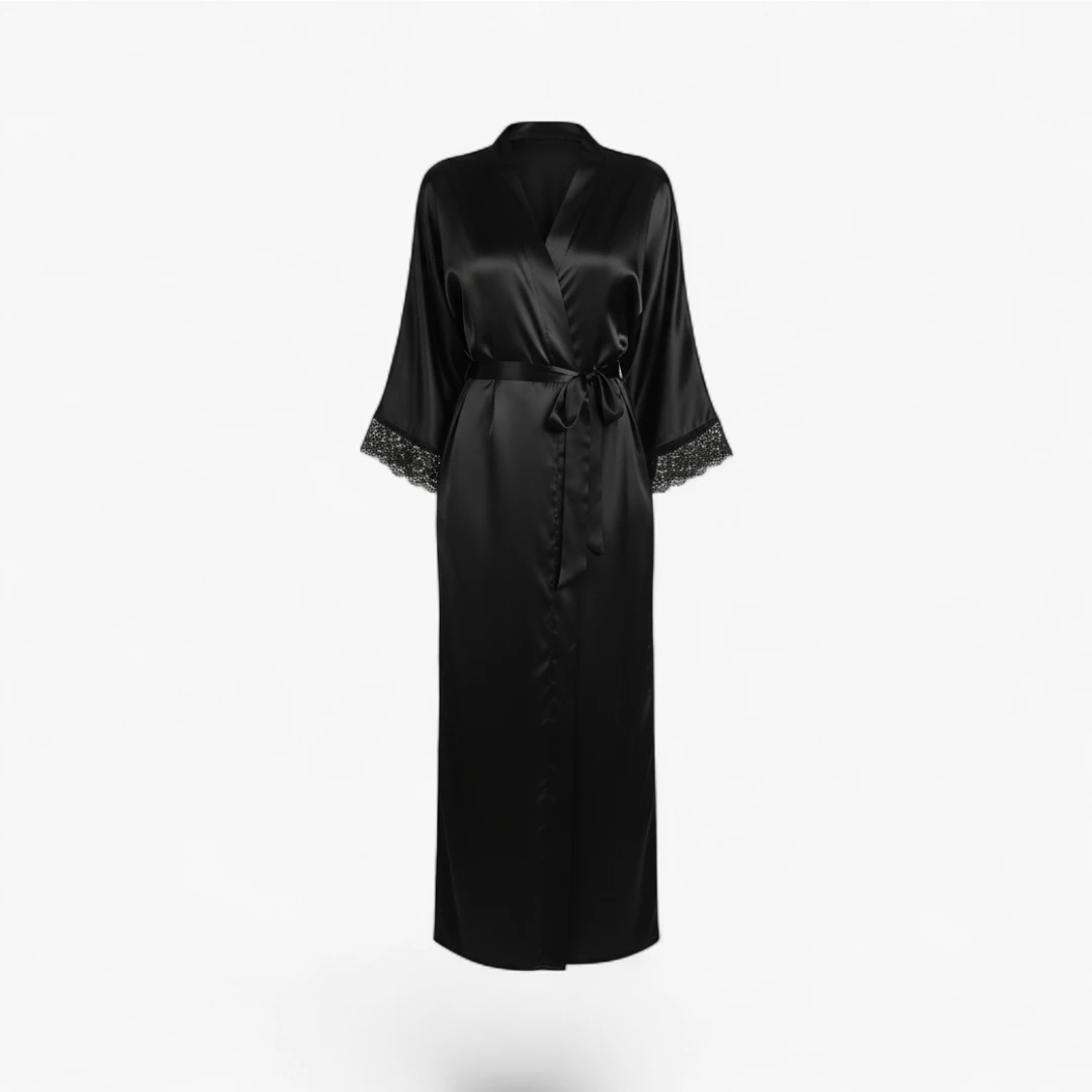 Peignoir Femme en Satin – Noir Long avec Dentelle