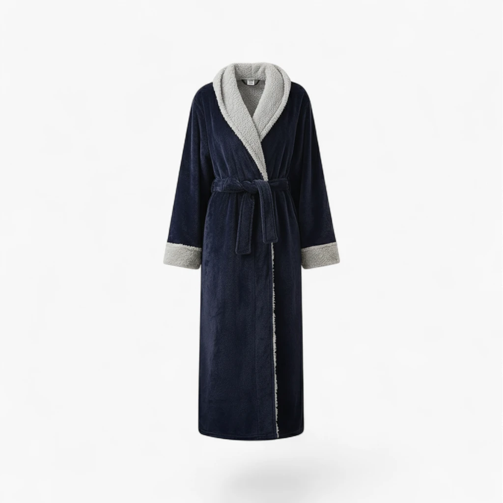 Peignoir Femme Hiver – En Flanelle Long Bleu Marine à Revers Gris