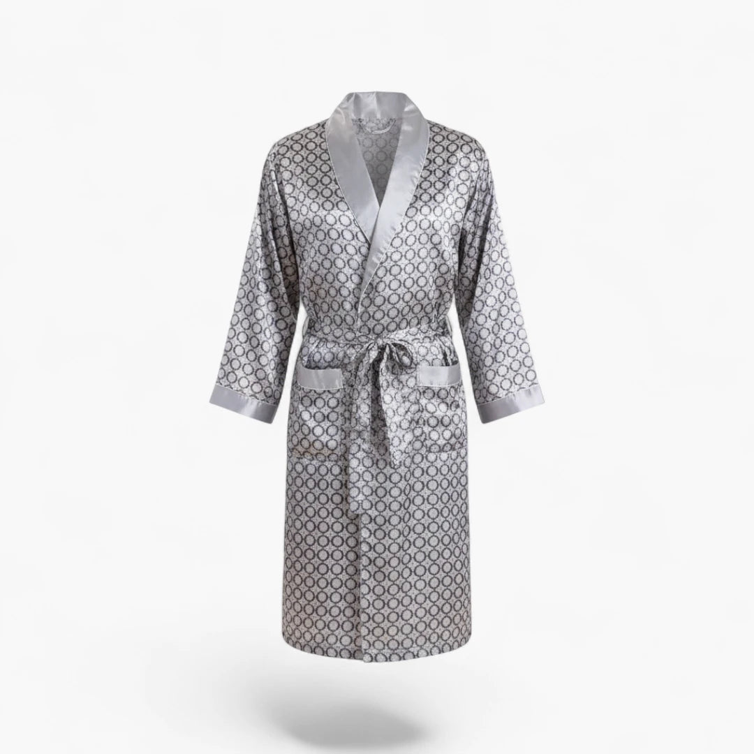 Peignoir Homme Satin – Motif Cercle Gris à Revers Argentés