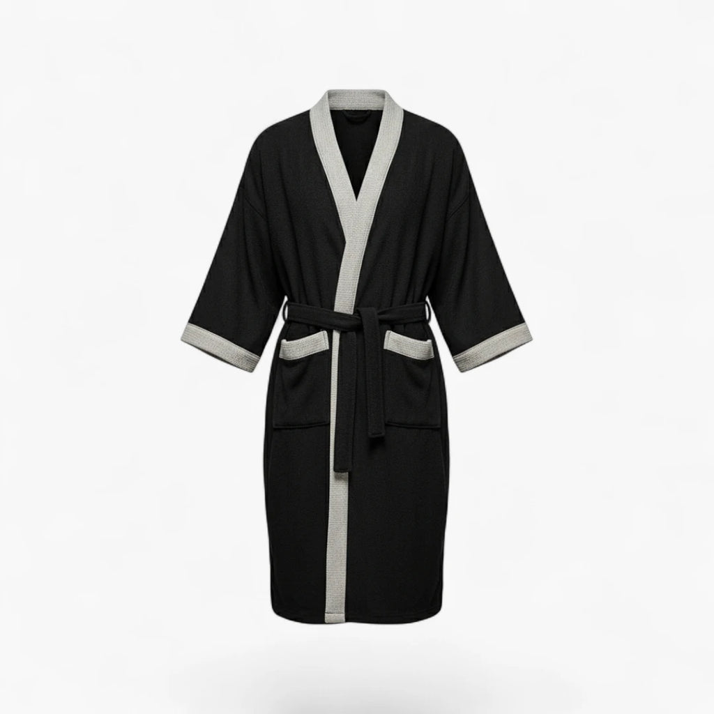 Peignoir Homme – Waffle Noir à Bordures Grises Courtes Manches