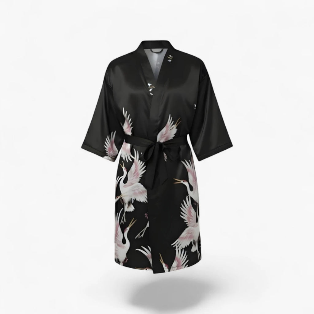 Peignoir Homme Japonais – En Satin Noir à Motifs Grues Blanches