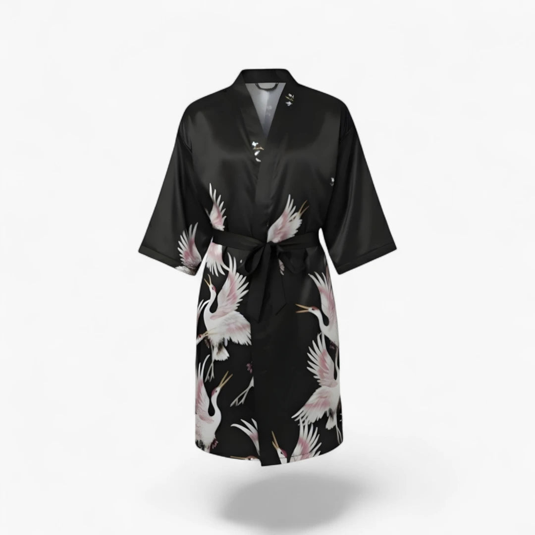 Peignoir Homme Japonais – En Satin Noir à Motifs Grues Blanches
