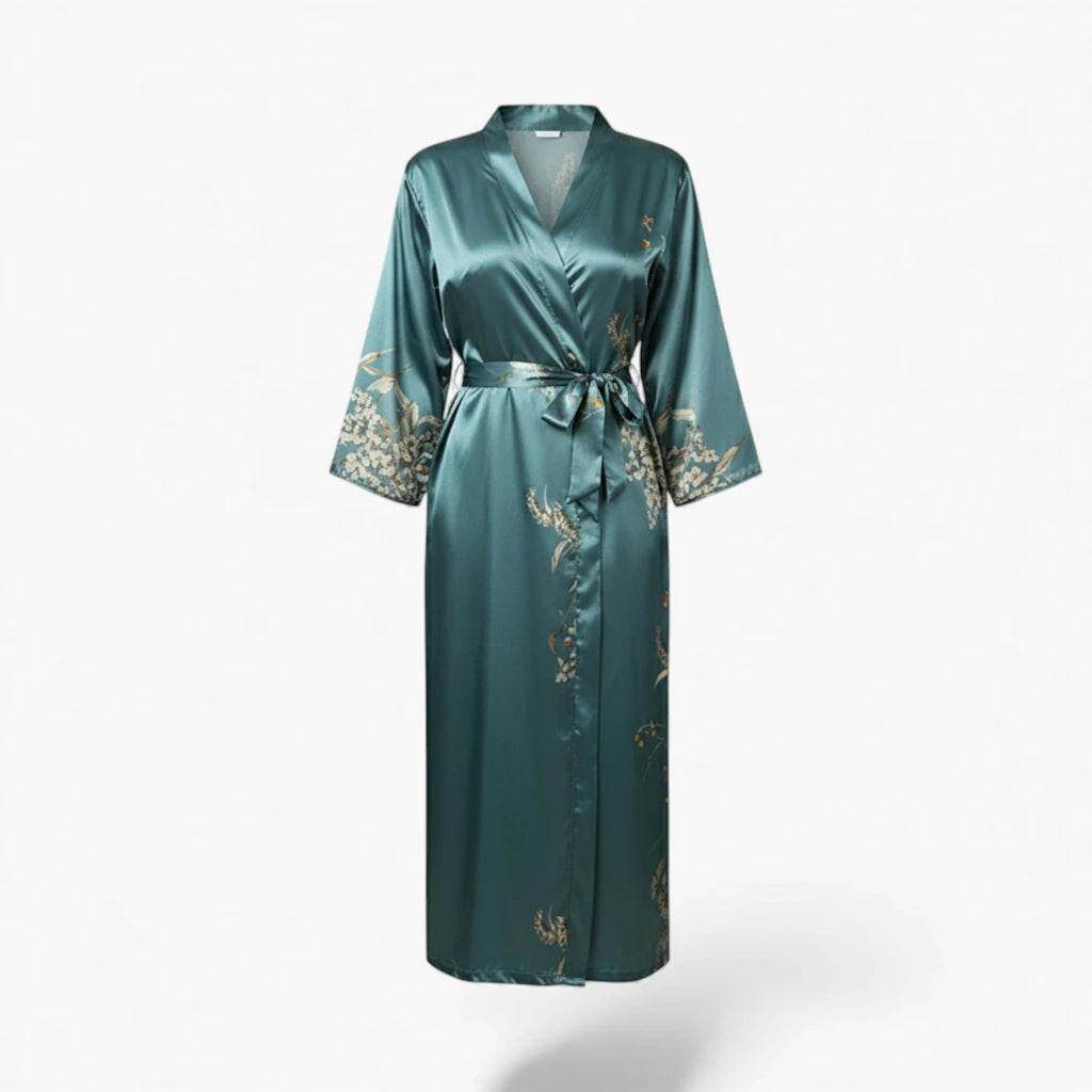 Peignoir Femme – En Satin Bleu à Fleurs