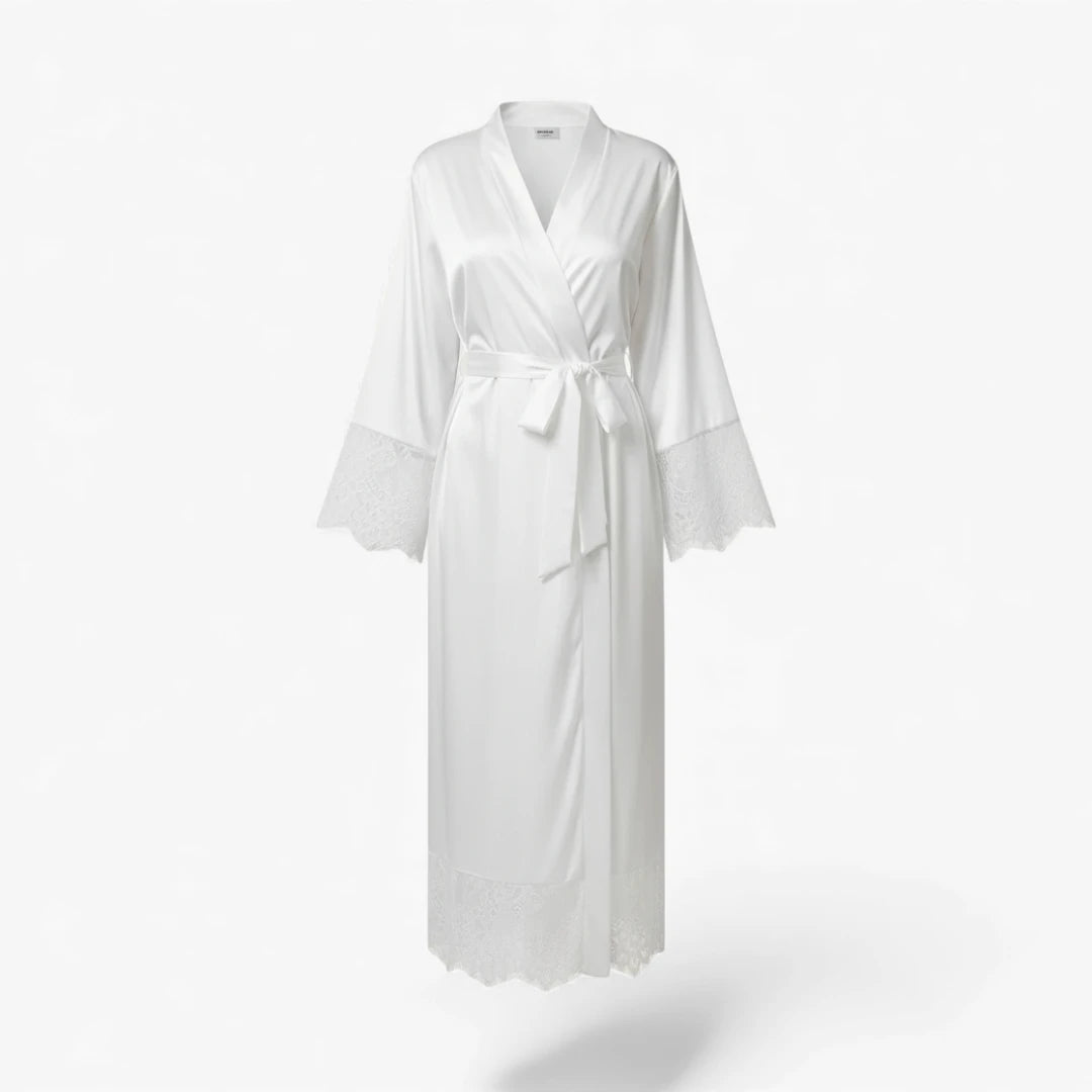 Peignoir Femme – En Satin Blanc Long avec Dentelle