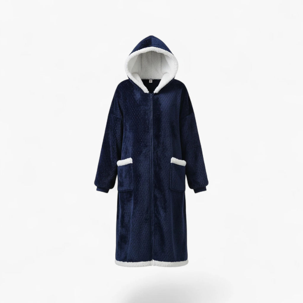 Peignoir Femme Hiver – En Flanelle Long Bleu Marine à Capuche Blanche