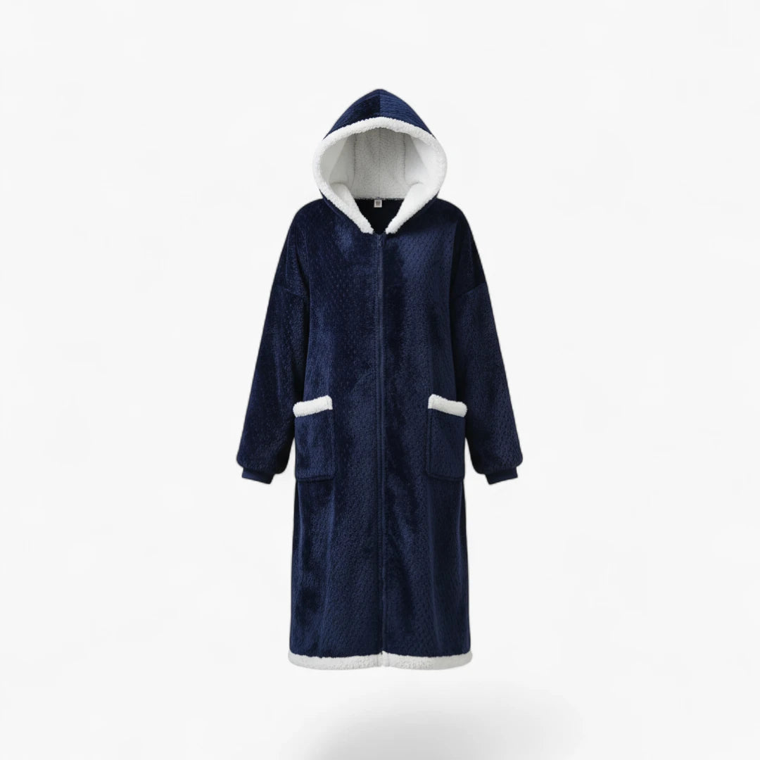 Peignoir Femme Hiver – En Flanelle Long Bleu Marine à Capuche Blanche