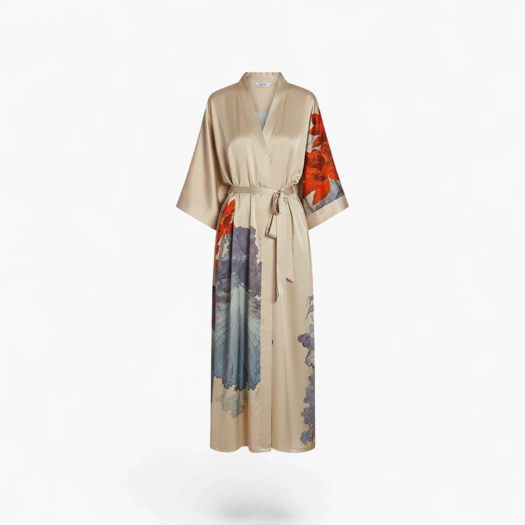 Peignoir Satin Beige Femme Fleuri