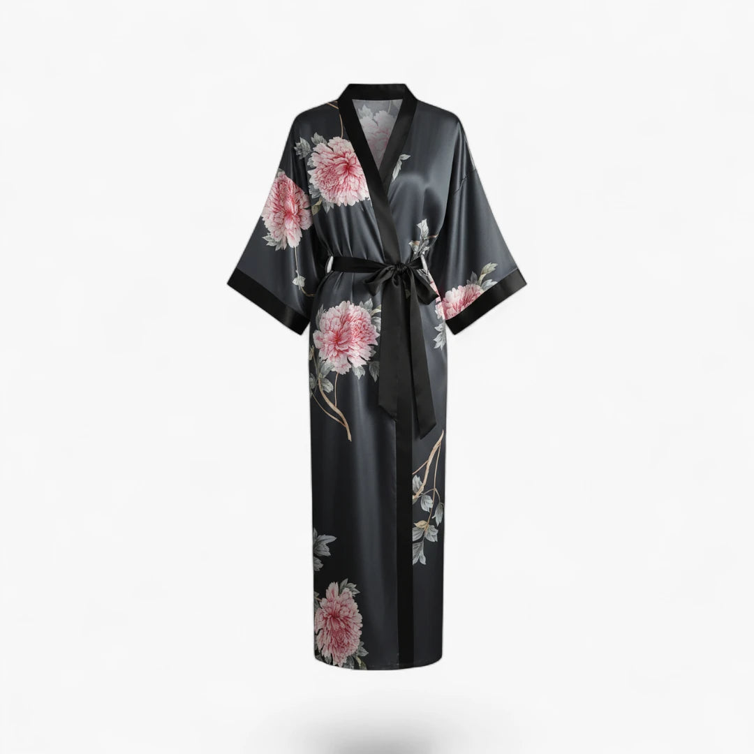 Peignoir Satin Gris Femme Fleuri