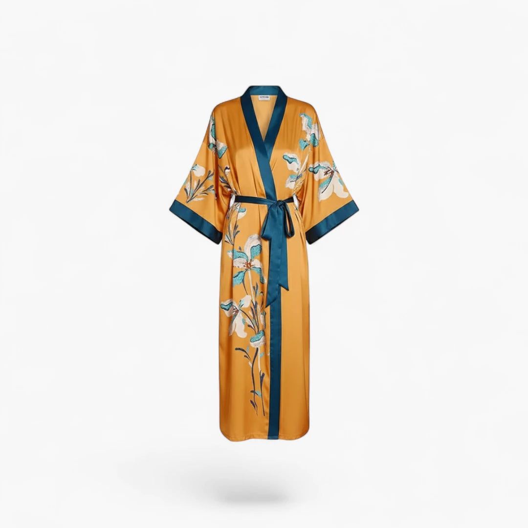 Peignoir Satin Orange Femme Fleuri