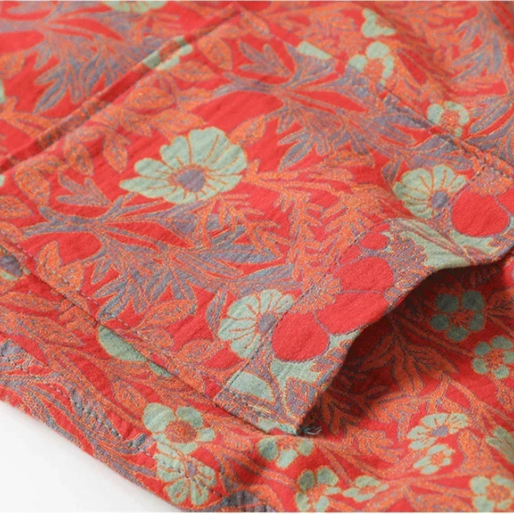 Peignoir Femme Coton – Style Japonais Rouge à Fleurs