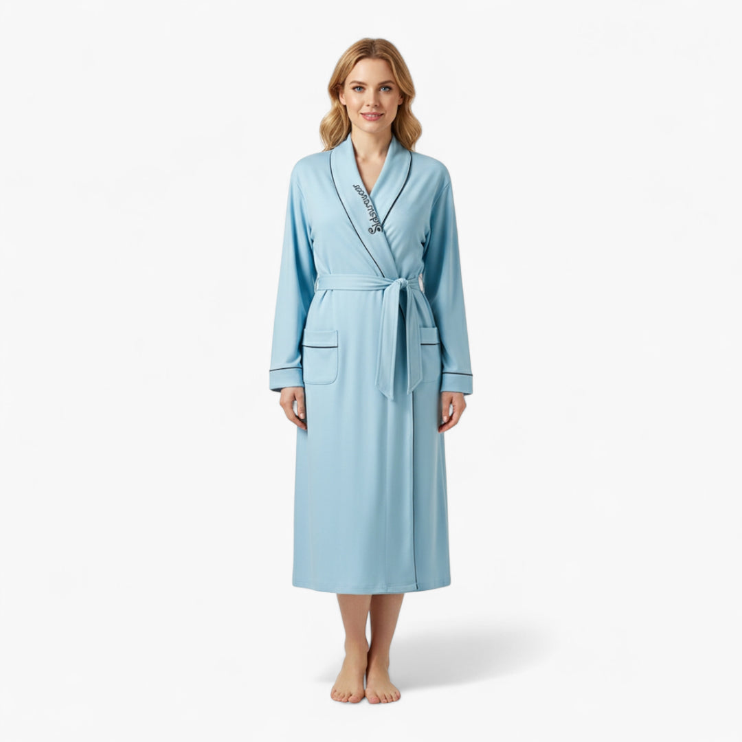 Peignoir Femme Coton – Long Bleu Clair à Col Châle