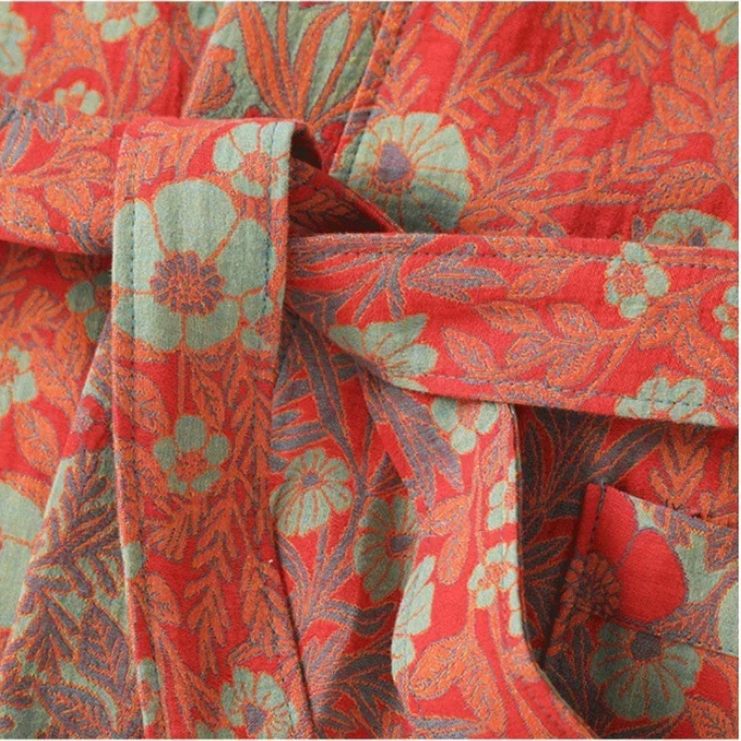 Peignoir Femme Coton – Style Japonais Rouge à Fleurs