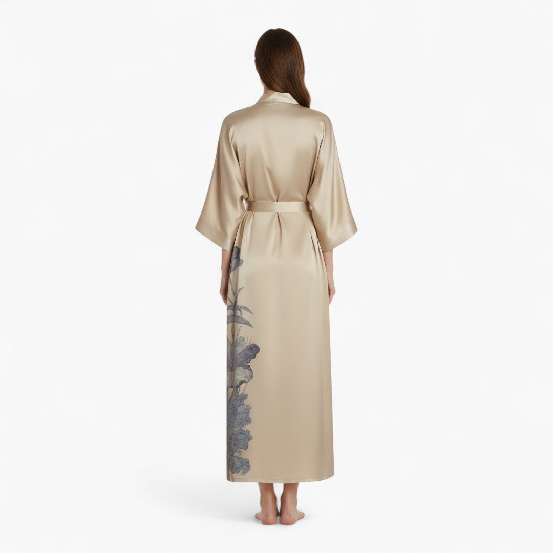 Peignoir Satin Beige Femme Fleuri