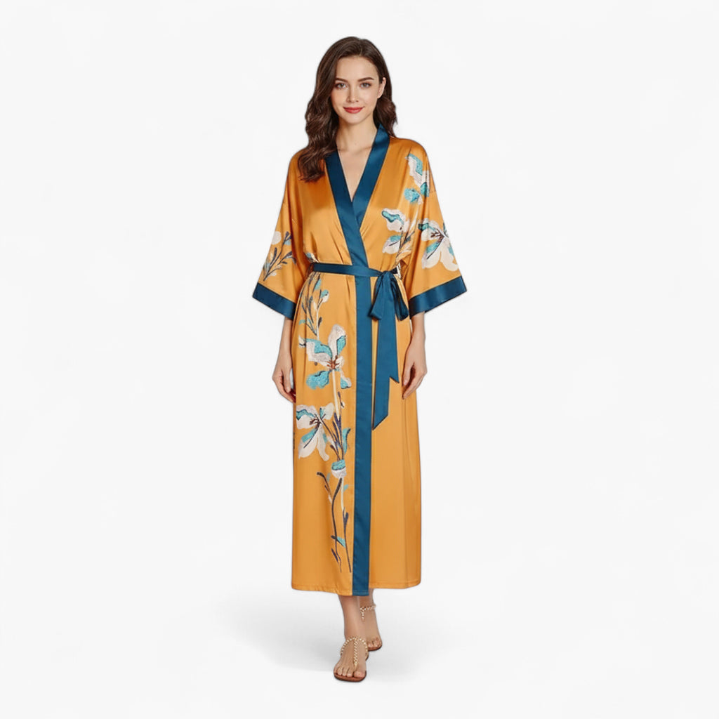 Peignoir Satin Orange Femme Fleuri