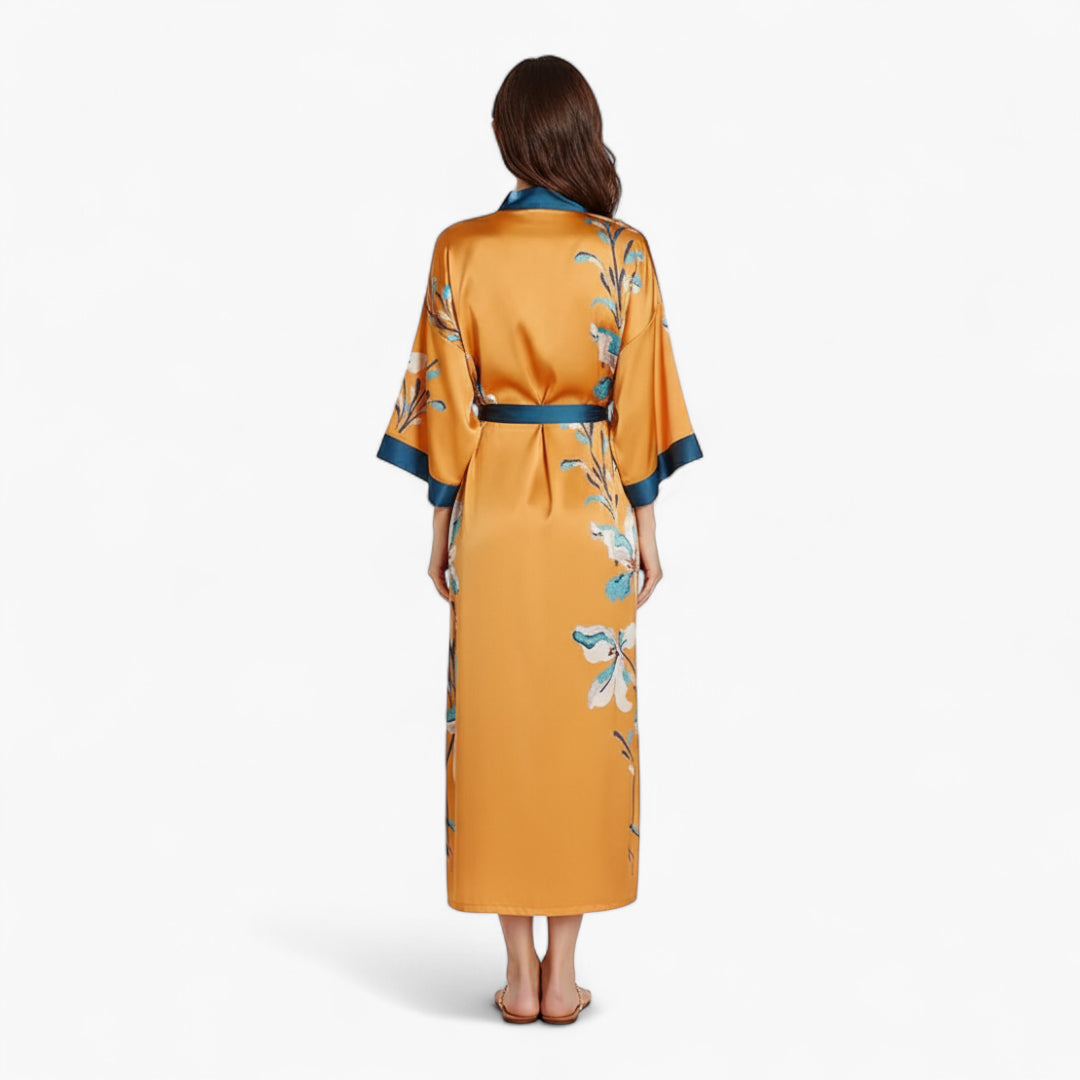 Peignoir Satin Orange Femme Fleuri