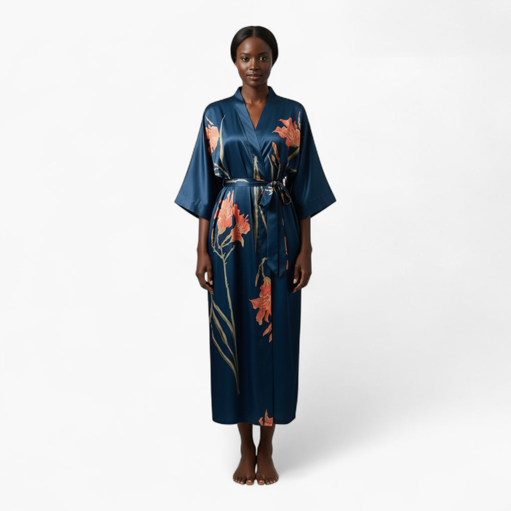 Peignoir Satin Bleu Femme Fleuri