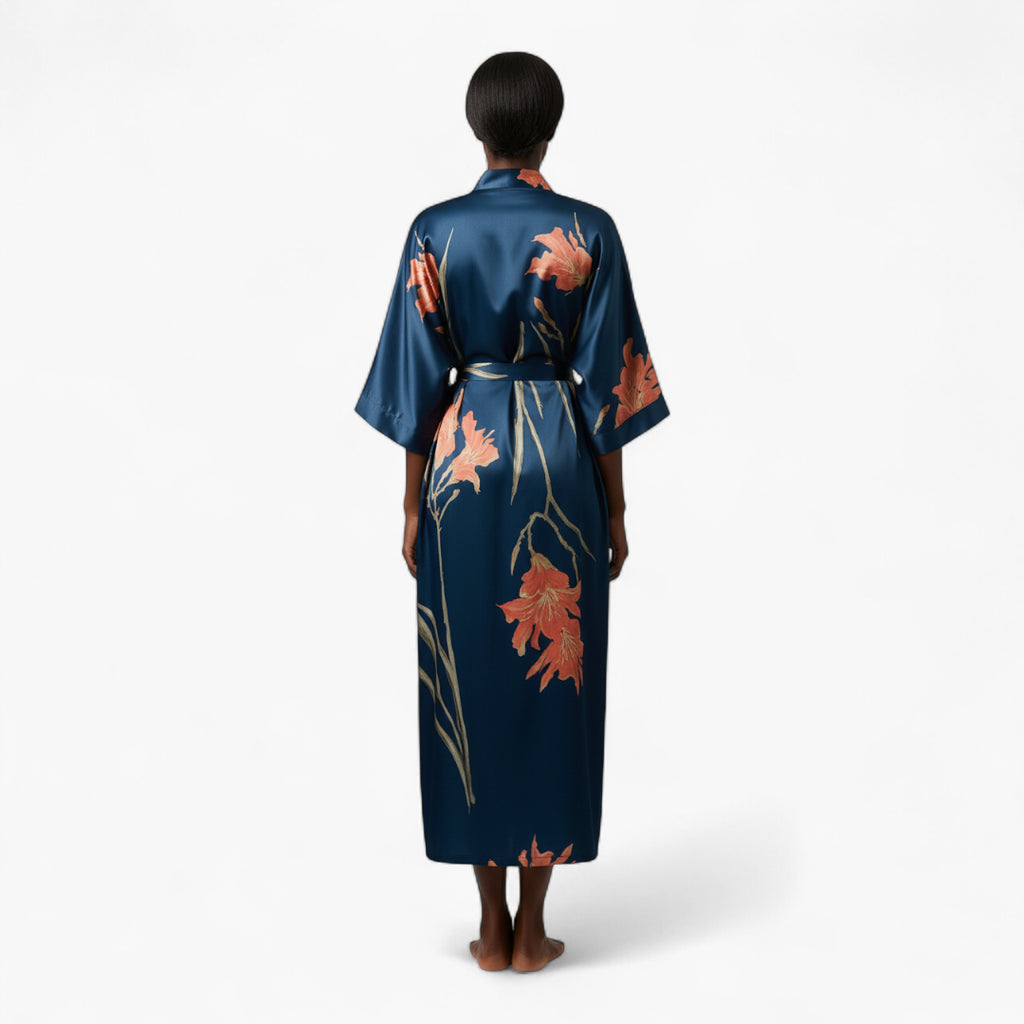 Peignoir Satin Bleu Femme Fleuri