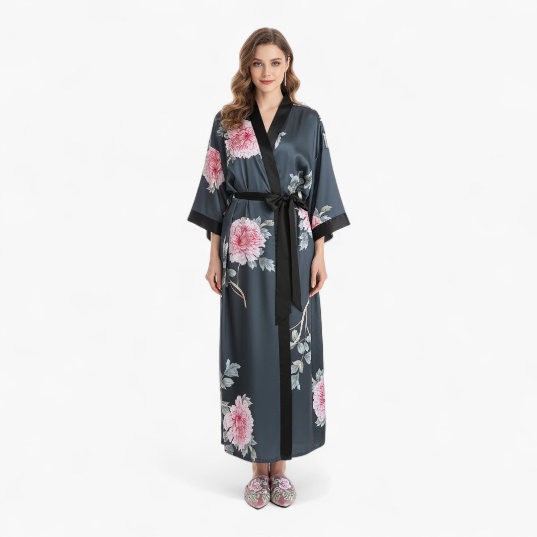 Peignoir Satin Gris Femme Fleuri