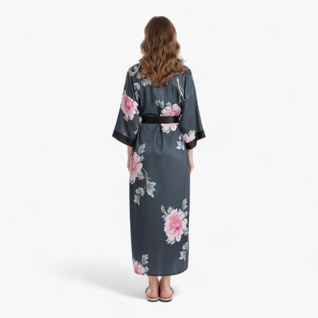 Peignoir Satin Gris Femme Fleuri