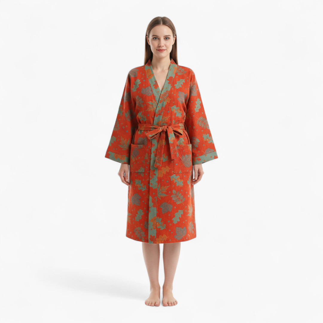 Peignoir Coton Femme Rouge Motif Feuillage
