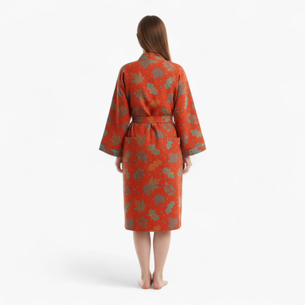 Peignoir Coton Femme Rouge Motif Feuillage