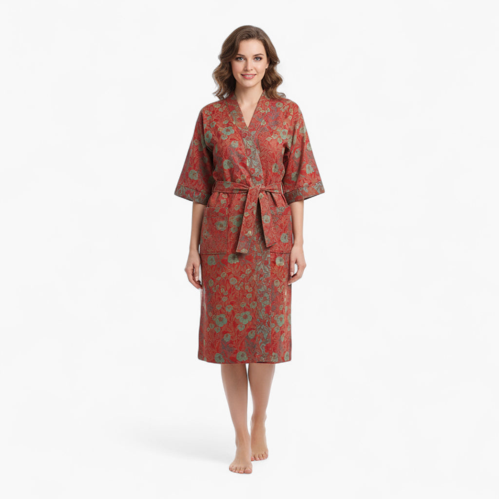 Peignoir Femme Coton – Style Japonais Rouge à Fleurs