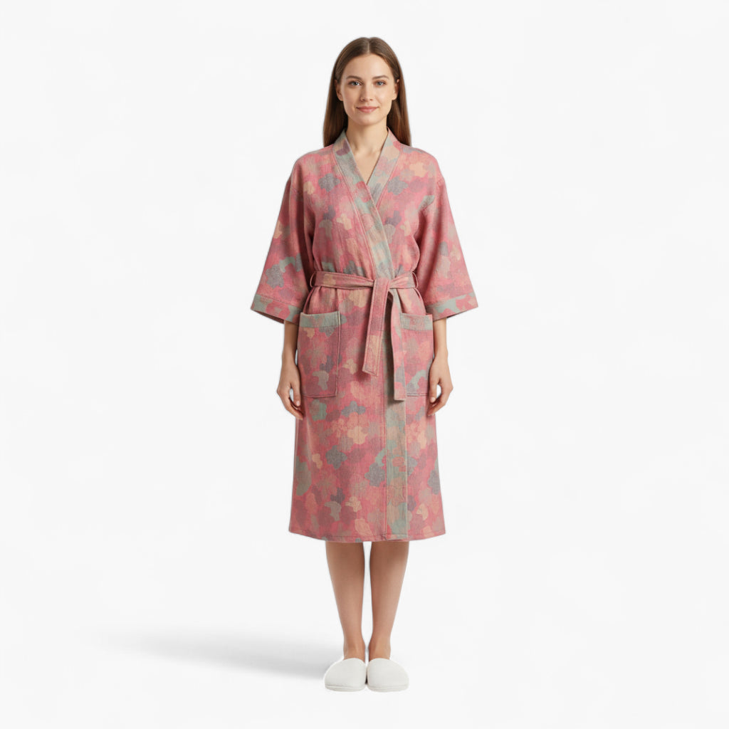 Peignoir Femme Coton – Style Japonais Rose à Motifs Nuageux