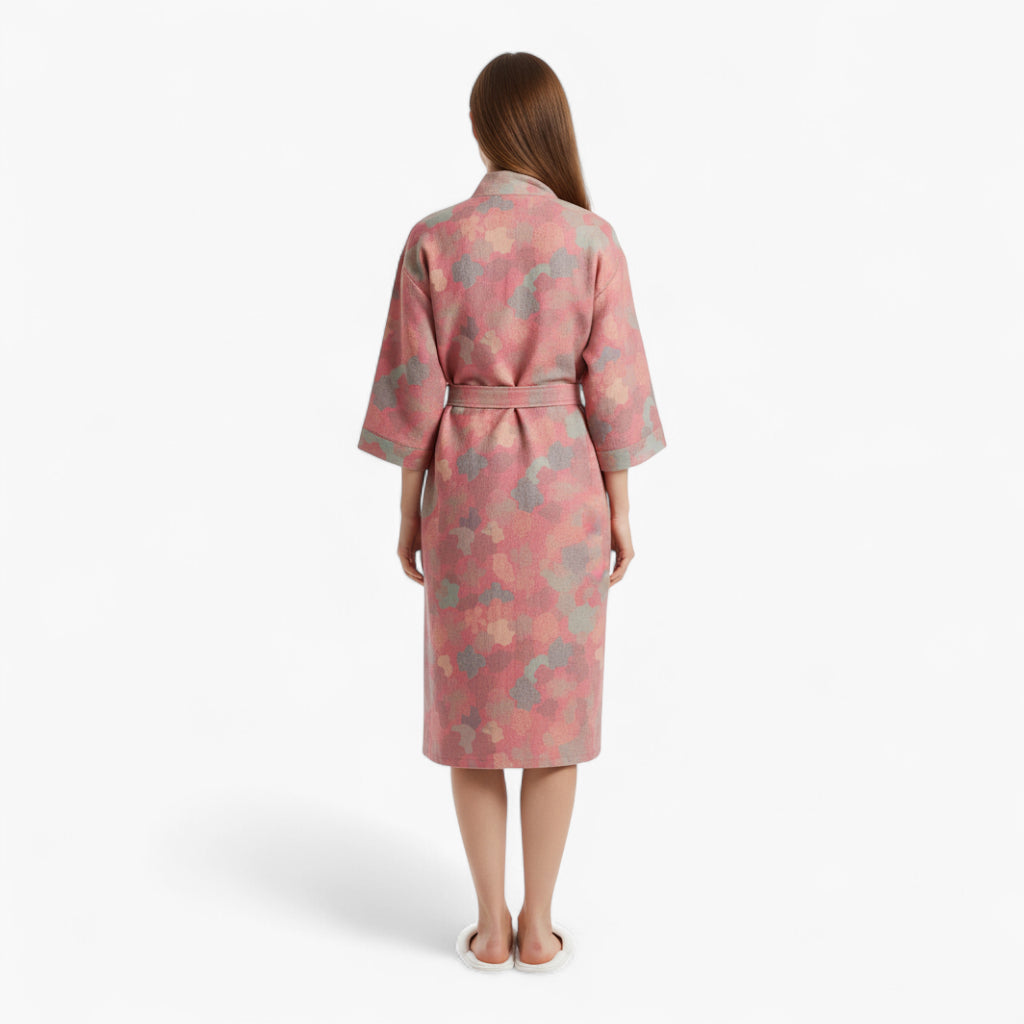 Peignoir Femme Coton – Style Japonais Rose à Motifs Nuageux