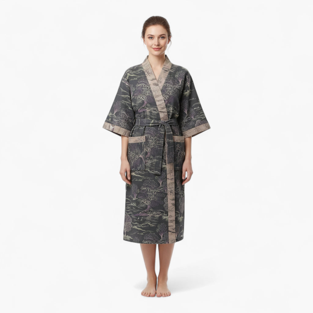 Peignoir Femme Coton – Style Japonais Noir à Motifs Paysagers