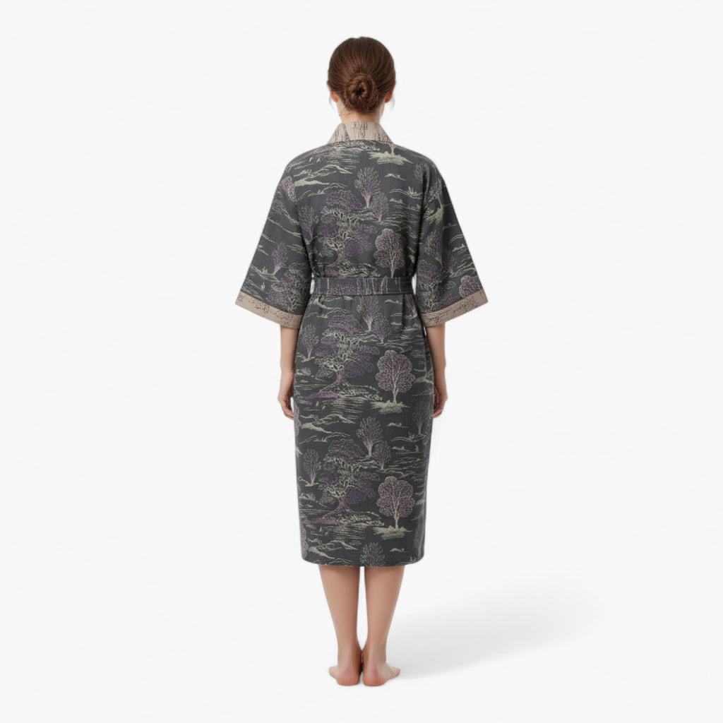 Peignoir Femme Coton – Style Japonais Noir à Motifs Paysagers