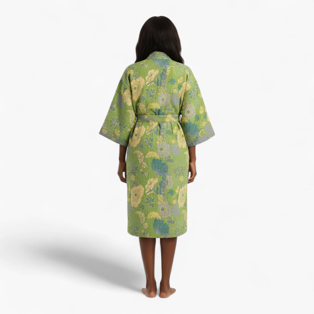 Peignoir Femme Coton – Style Japonais Vert à Fleurs Jaunes