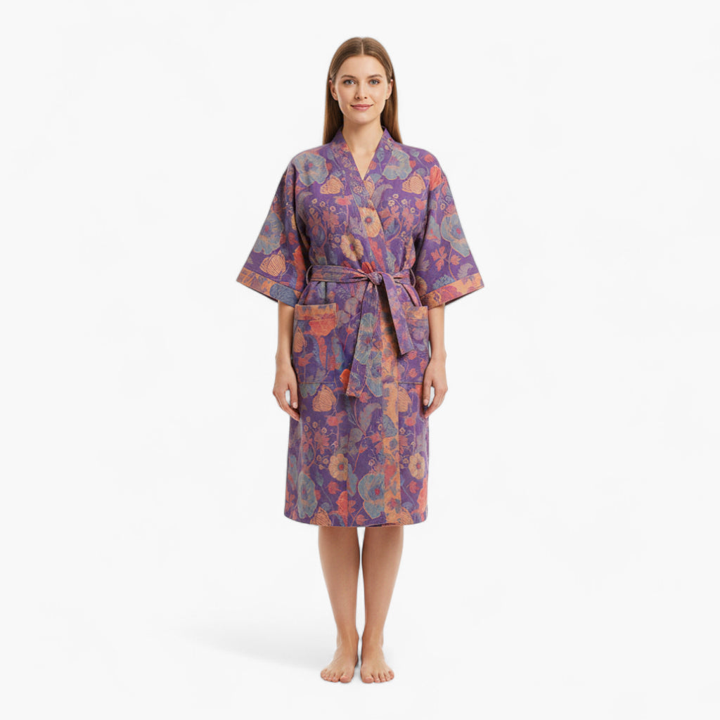 Peignoir Femme Coton – Style Japonais Violet à Fleurs Oranges