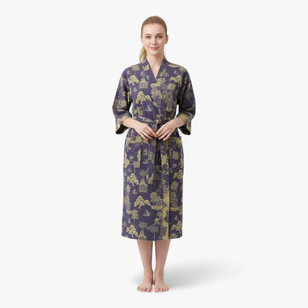 Peignoir Femme Coton – Style Japonais Violet à Motifs Verts