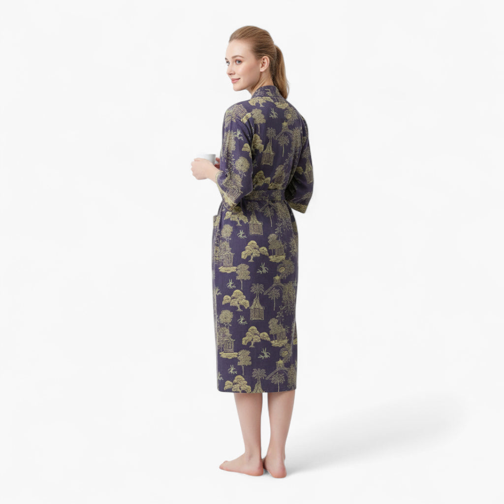 Peignoir Femme Coton – Style Japonais Violet à Motifs Verts