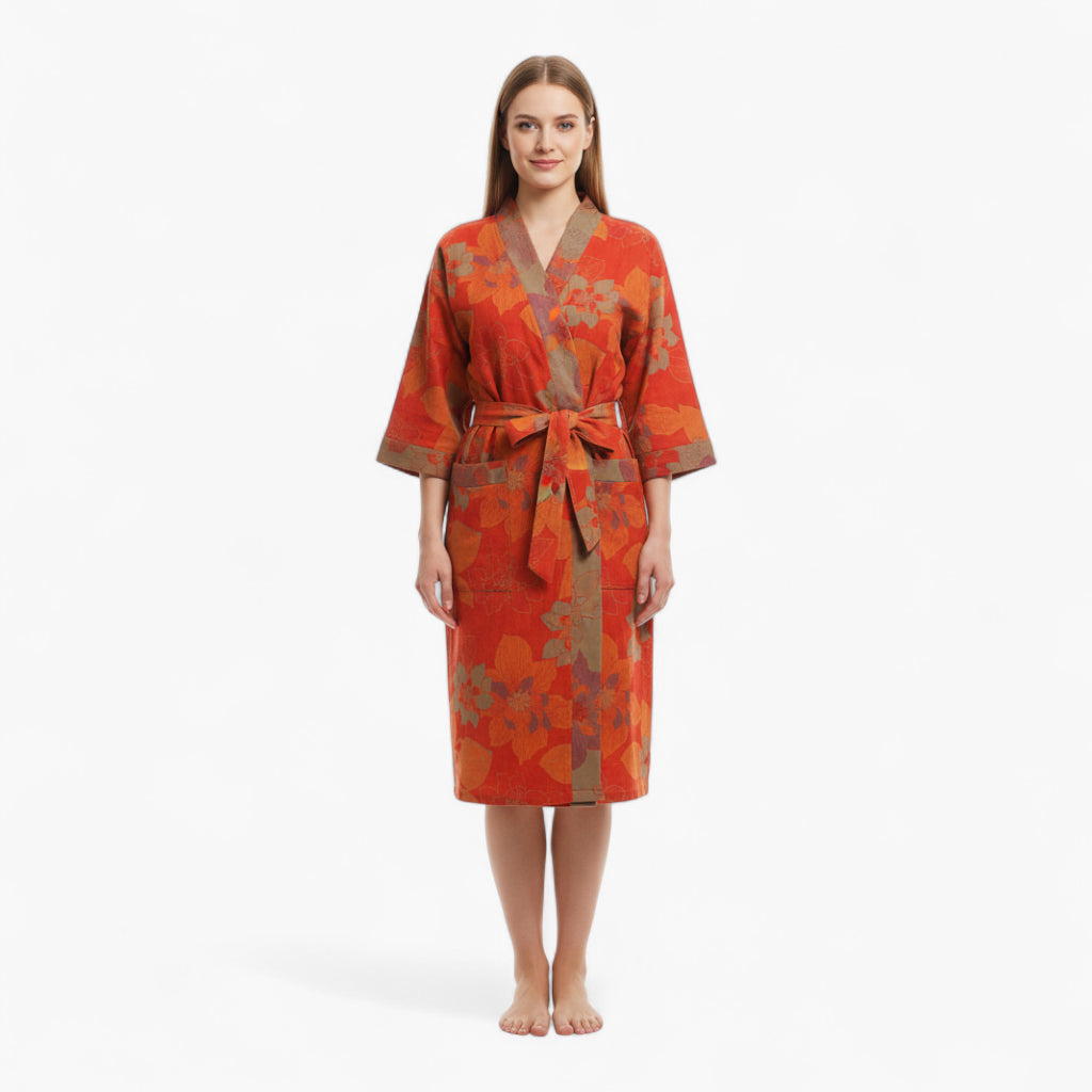 Peignoir Femme Coton – Style Japonais Rouge à Fleurs d’Hibiscus